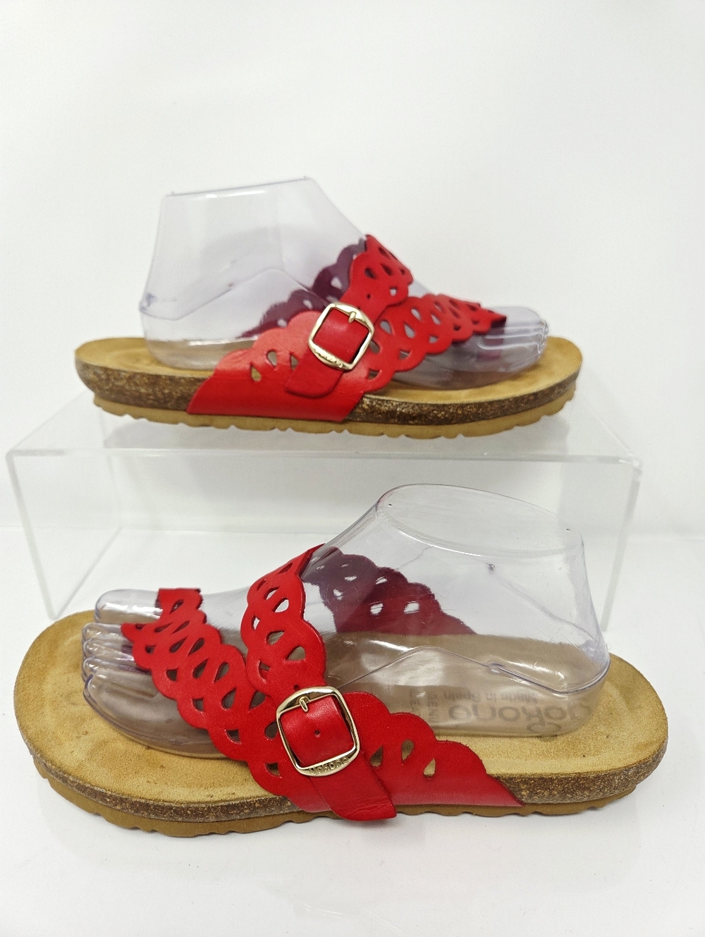 Yokono Red Leather Scalloped Buckle Slide Sandals Women's 9.5